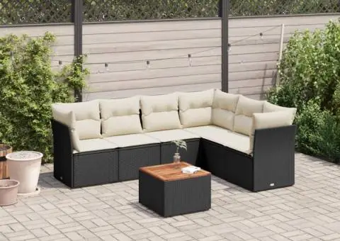 Set canapele de grădină cu perne, 7 piese, negru, poliratan - 1/3
