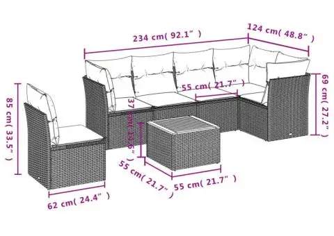 Set canapele de grădină cu perne, 7 piese, negru, poliratan - 3/3