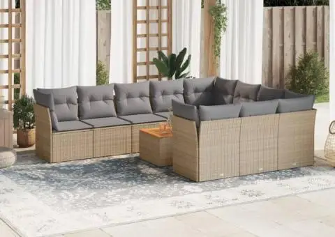 Set canapele de grădină cu perne, 11 piese, bej, poliratan - 1/3