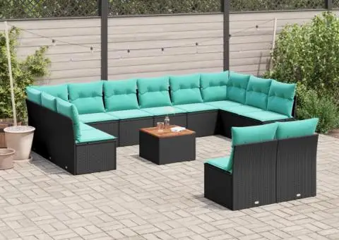 Set mobilier de grădină cu perne, 13 piese, negru, poliratan - 1/3