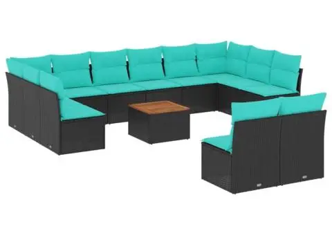 Set mobilier de grădină cu perne, 13 piese, negru, poliratan - 2/3