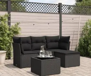 vidaXL Set mobilier de grădină cu perne, 5 piese, negru, poliratan