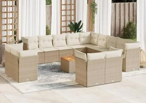 Set canapele de grădină, 14 piese, cu perne, bej, poliratan - 1/3