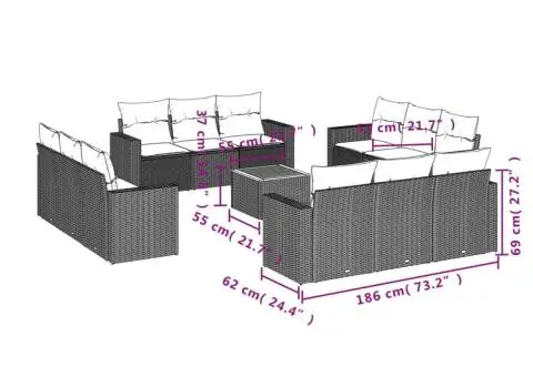 Set mobilier de grădină cu perne, 13 piese, gri, poliratan - 3/3