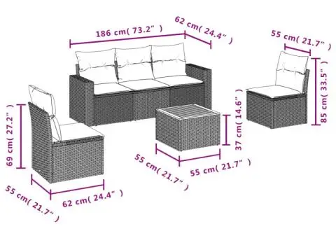 Set mobilier grădină cu perne, 6 piese, gri, poliratan - 3/3