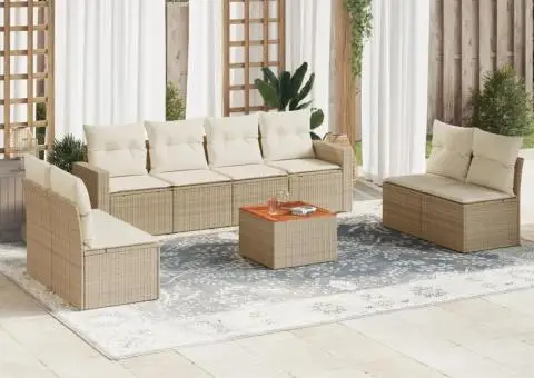 Set canapele de grădină, 9 piese, cu perne, bej, poliratan - 1/3