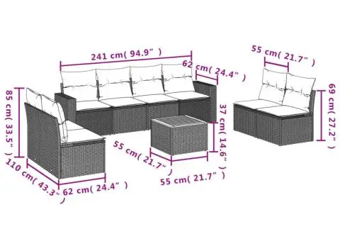 Set canapele de grădină, 9 piese, cu perne, bej, poliratan - 3/3
