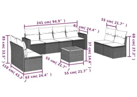 Set canapele de grădină, 9 piese, cu perne, gri, poliratan - 3/3