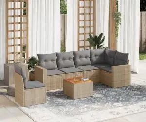 vidaXL Set canapele de grădină, 7 piese, cu perne, bej, poliratan