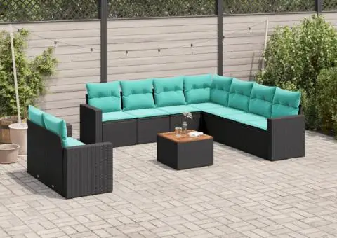 Set canapele de grădină cu perne, 10 piese, negru, poliratan - 1/3