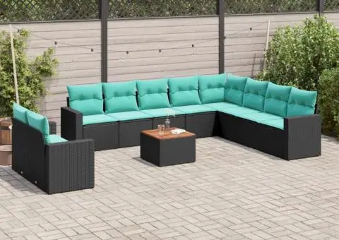 Set canapele de grădină cu perne, 11 piese, negru, poliratan - 1/3