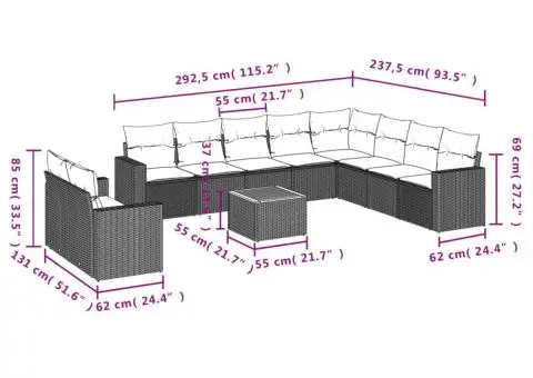 Set canapele de grădină cu perne, 11 piese, negru, poliratan - 3/3
