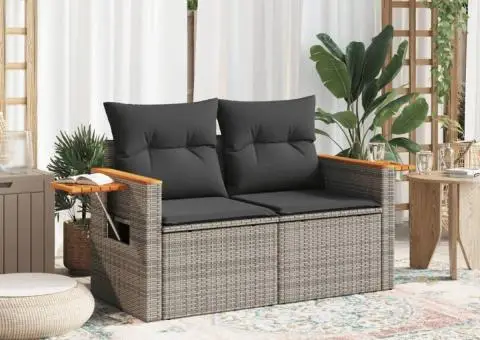 Canapea de grădină cu perne, 2 locuri, gri, poliratan - 3/5