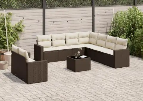 Set canapele de grădină cu perne, 10 piese, maro, poliratan - 1/3