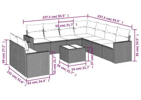 Set canapele de grădină cu perne, 10 piese, maro, poliratan - 3/3