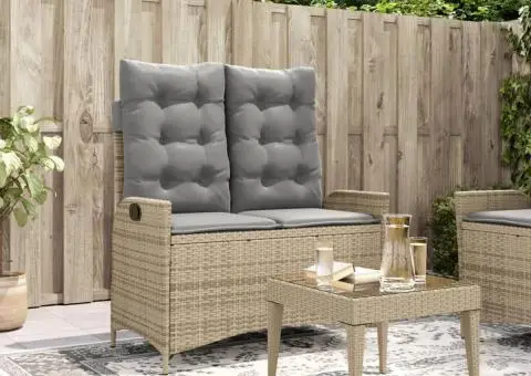 Bancă de grădină rabatabilă cu perne, bej, poliratan - 1/5