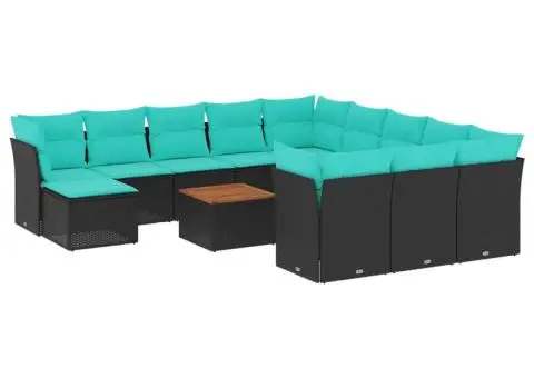 Set mobilier de grădină cu perne, 13 piese, negru, poliratan - 2/3