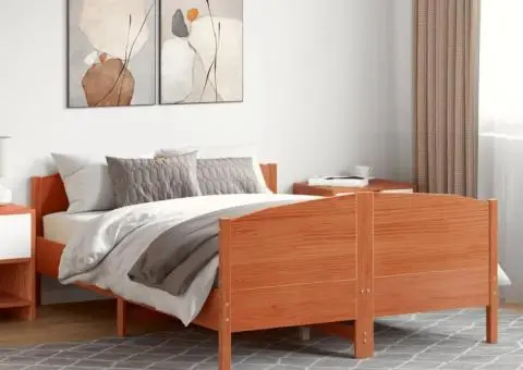 Cadru pat fără saltea, maro ceruit, 135x190 cm, lemn masiv pin - 1/5