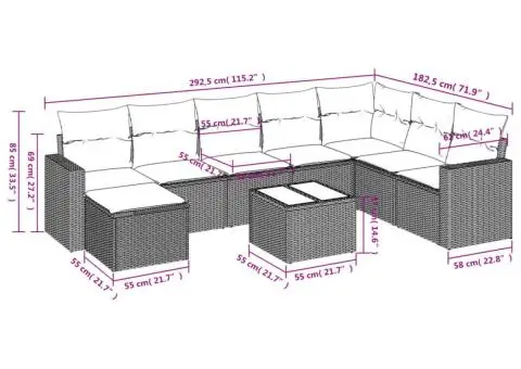Set canapele de grădină, 9 piese, cu perne, bej, poliratan - 3/3