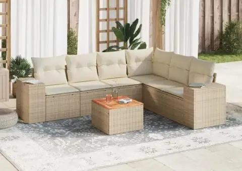 Set canapele de grădină, 7 piese, cu perne, bej, poliratan - 1/3