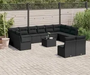 vidaXL Set mobilier de grădină cu perne, 13 piese, negru, poliratan