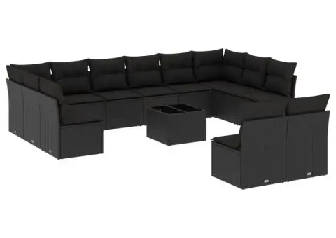Set mobilier de grădină cu perne, 13 piese, negru, poliratan - 2/3