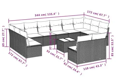 Set mobilier de grădină cu perne, 13 piese, negru, poliratan - 3/3