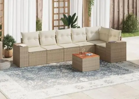 Set canapele de grădină, 7 piese, cu perne, bej, poliratan - 1/3