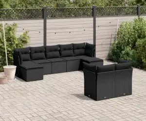 vidaXL Set mobilier de grădină cu perne, 9 piese, negru, poliratan