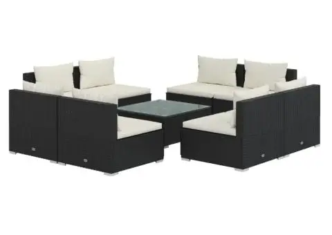 Set mobilier de grădină cu perne, 9 piese, negru, poliratan - 2/5