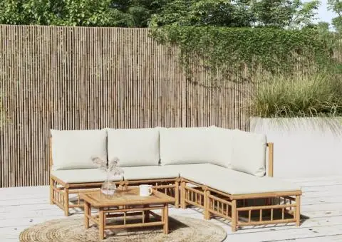 Set mobilier de grădină cu perne alb crem, 6 piese, bambus - 1/5