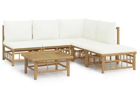 Set mobilier de grădină cu perne alb crem, 6 piese, bambus - 2/5