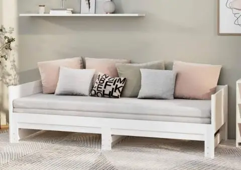 Pat extensibil de zi, alb, 2x(90x190) cm, lemn masiv de pin - 1/5