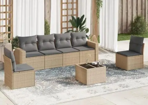 Set canapele de grădină, 7 piese, cu perne, bej, poliratan - 1/3