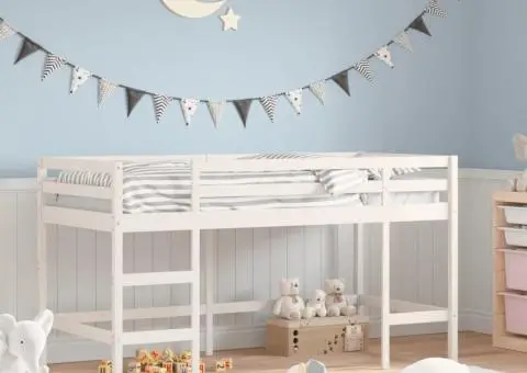Pat etajat de copii cu scară, alb, 80x200 cm, lemn masiv pin - 1/5