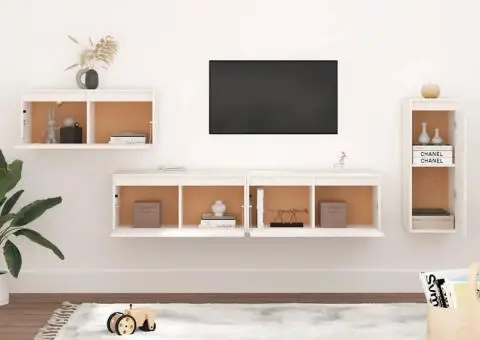 Comode TV, 4 buc., alb, lemn masiv de pin - 3/5