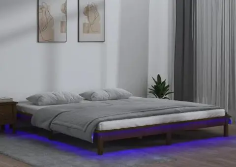 Cadru de pat cu LED, maro miere, 140x190 cm, lemn masiv - 1/5