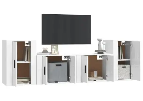 Set dulap TV, 4 piese, alb extralucios, lemn prelucrat - 3/5