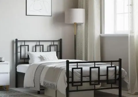 Cadru pat metalic cu tăblii de cap/picioare, negru, 100x200 cm - 1/5