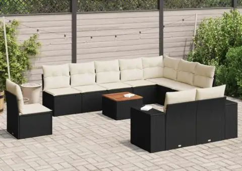 Set canapele de grădină cu perne, 11 piese, negru, poliratan - 1/3
