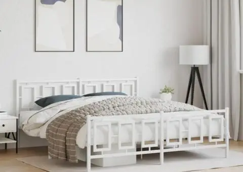 Cadru de pat metalic cu tăblie de cap/picioare, alb, 183x213 cm - 1/5