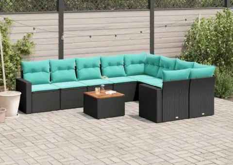 Set canapele de grădină cu perne, 10 piese, negru, poliratan - 1/3