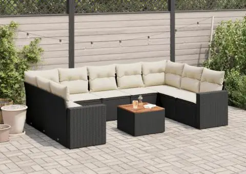 Set canapele de grădină cu perne, 10 piese, negru, poliratan - 1/3