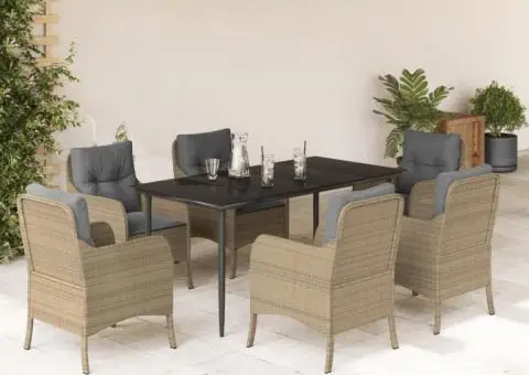 Set de masă pentru grădină, 7 piese, cu perne, bej, poliratan - 1/5