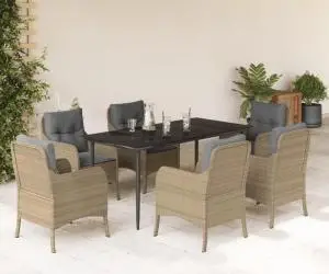 vidaXL Set de masă pentru grădină, 7 piese, cu perne, bej, poliratan