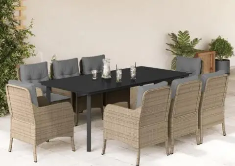 Set de masă pentru grădină, 9 piese, cu perne, bej, poliratan - 1/5