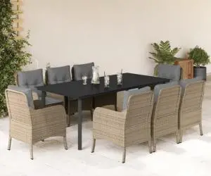 vidaXL Set de masă pentru grădină, 9 piese, cu perne, bej, poliratan