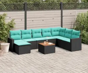 vidaXL Set mobilier de grădină cu perne, 9 piese, negru, poliratan