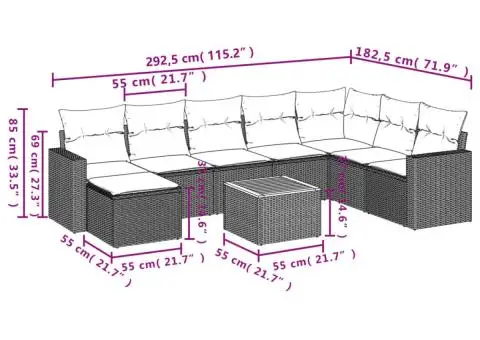 Set mobilier de grădină cu perne, 9 piese, negru, poliratan - 3/3