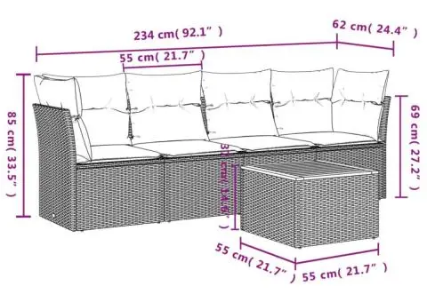 Set canapea de grădină cu perne, 5 piese, gri, poliratan - 3/3